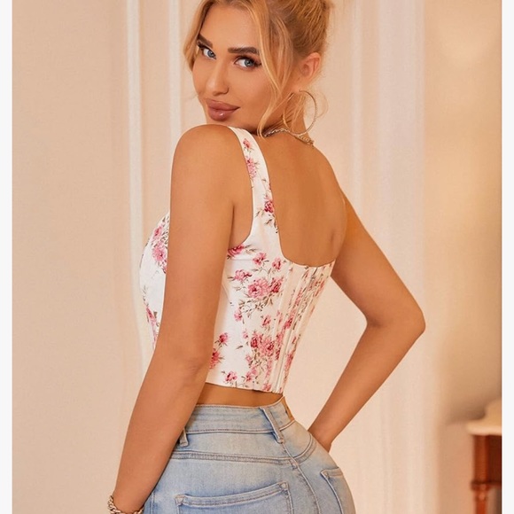 KUTUMAI Women's Summer Floral Corset Crop Top Strap Boned Bustier Zip Back - Picture 3 of 10